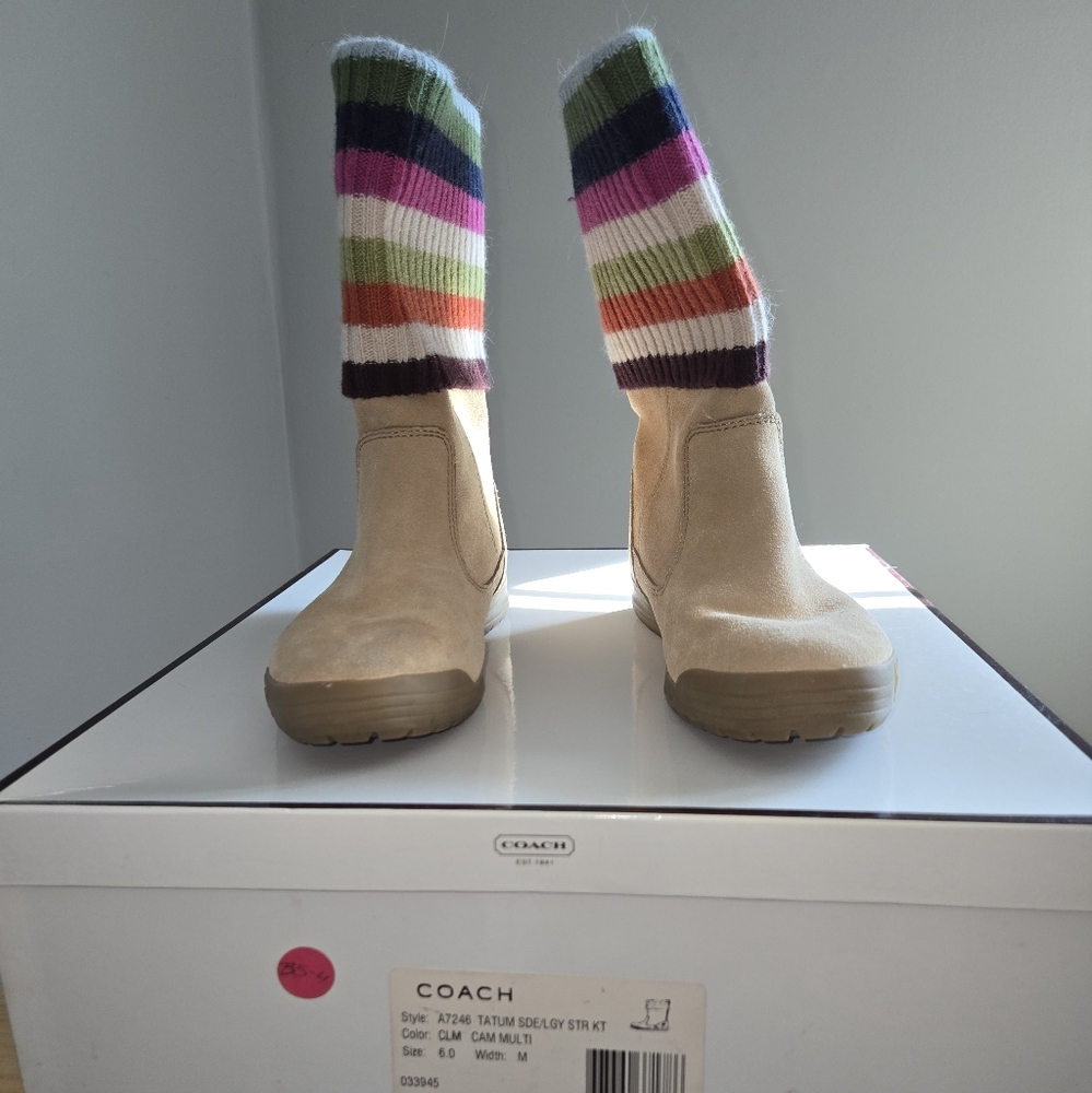 Coach Beige Boots with Multicolor Knit Cuffs